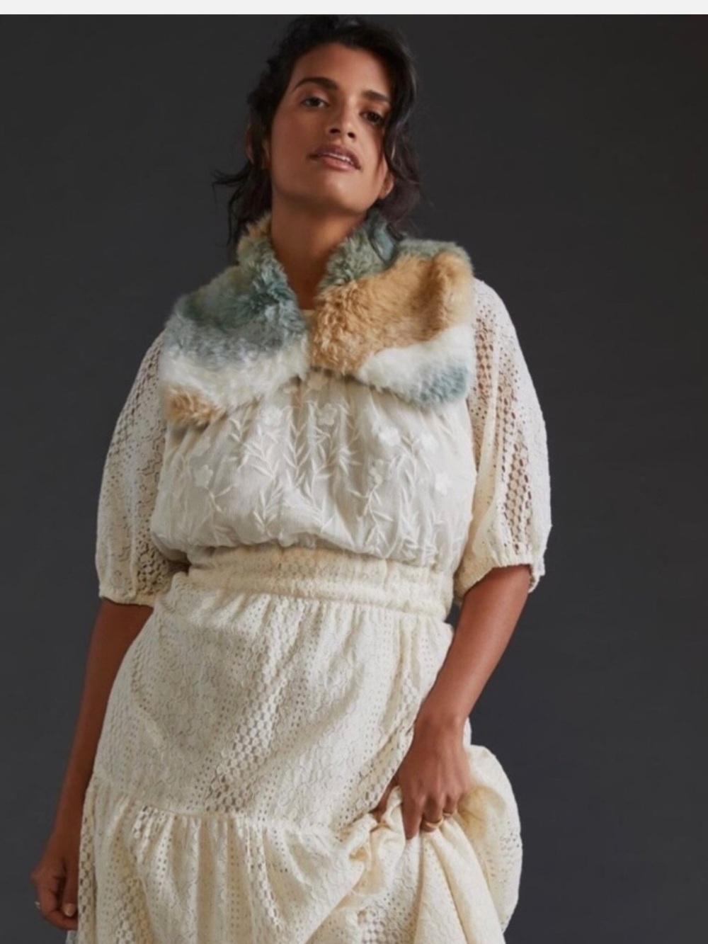 NWT Anthropologie Tie-Dye Faux Fur Collar in green, tan and cream